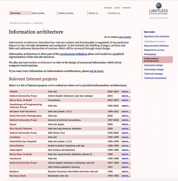 Information Architecture service page in 2006
